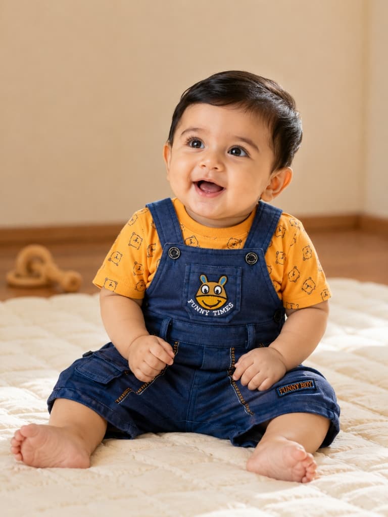 Soft cotton denim-style dungaree and yellow t-shirt set for infant boys. Dura...