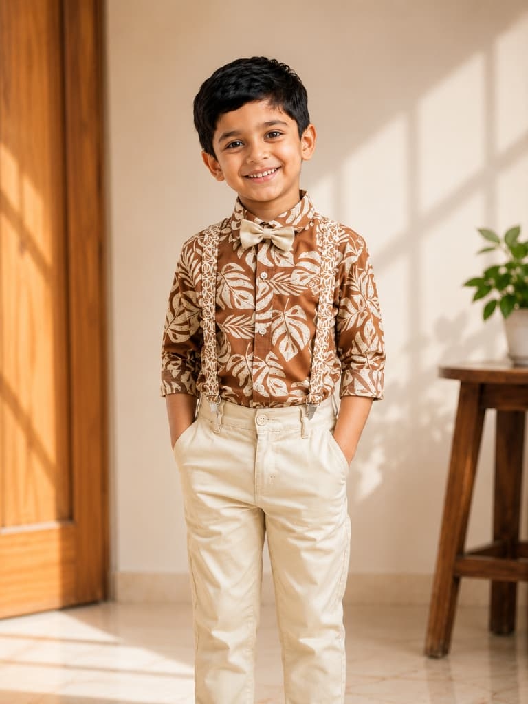 Boys printed shirt and trouser suspender set. Smart casual party wear from Mu...