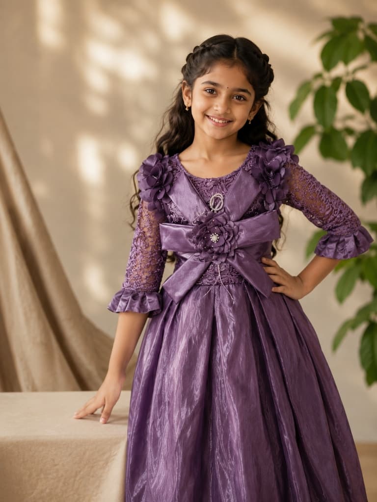 Premium purple party frock for girls with floral bow details. Elegant birthda...