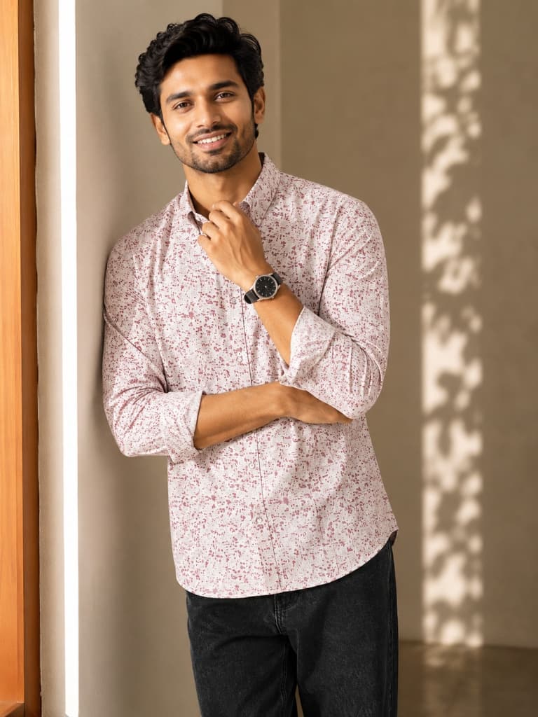 Mens light pink printed casual shirt. Smart and comfortable daily wear from M...