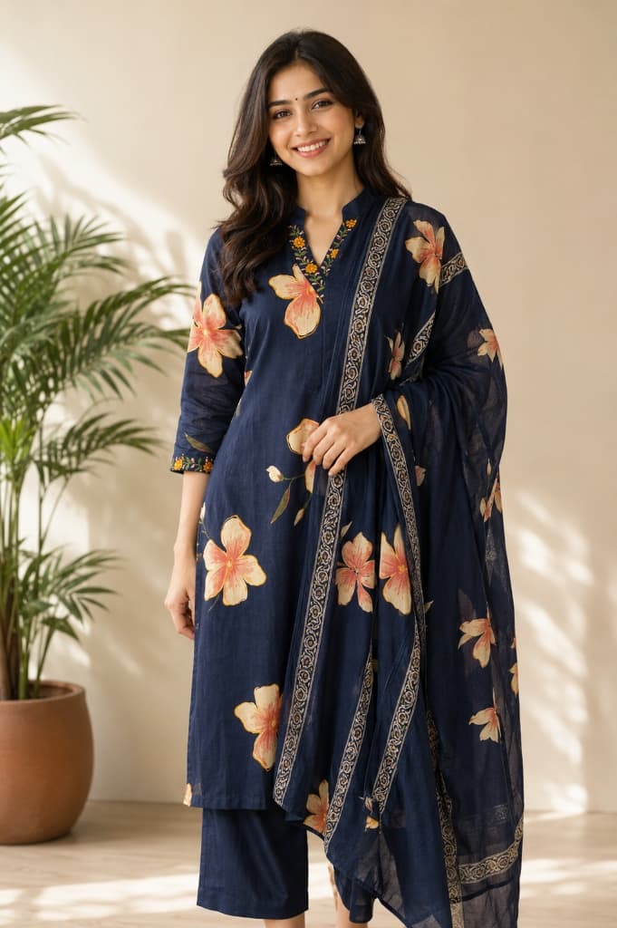 Womens navy blue floral printed ethnic suit. Premium breathable traditional w...