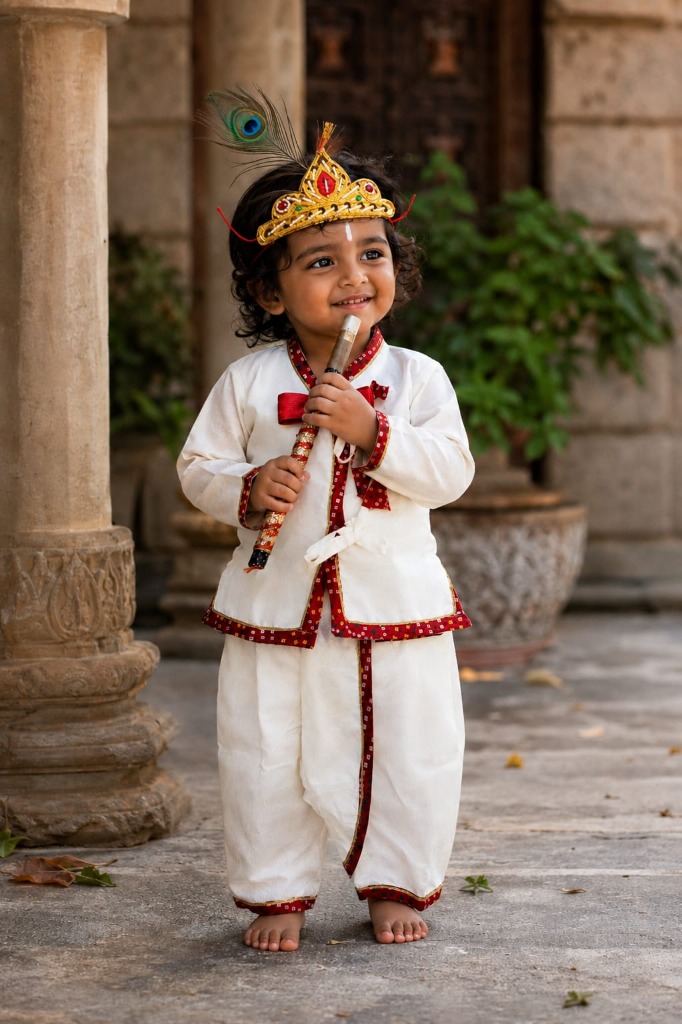 Toddler boy smiling in a complete baby Krishna dress set featuring a white dhoti, peacock feather mukut, and bansuri flute from Mummy Daddy Readymades Tiruvannamalai.